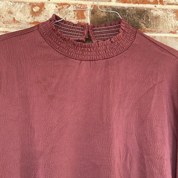 Oddy Deep Mauve High Neck Long Sleeved Shirred Blouse - Picture 2 of 8